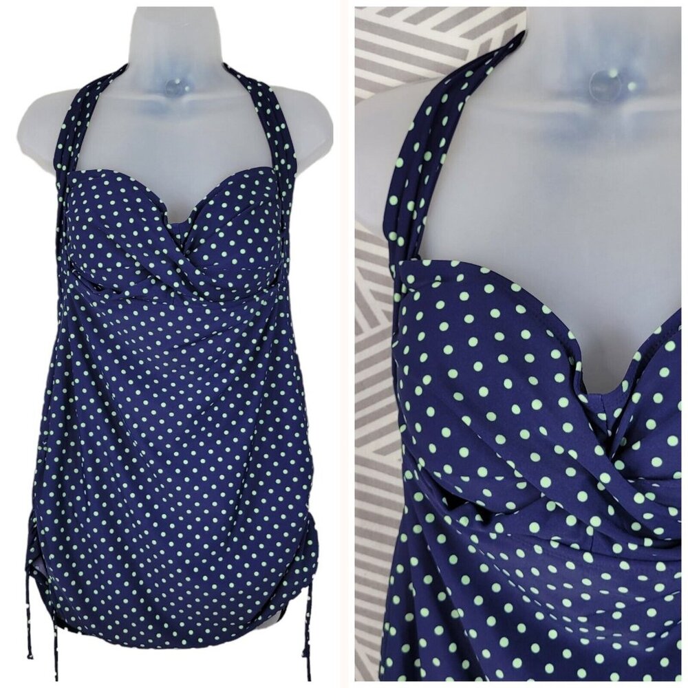 Swimsuits For All One Piece Plus Size 18 Blue Polkadot Pinup Wirefree Bra Halter